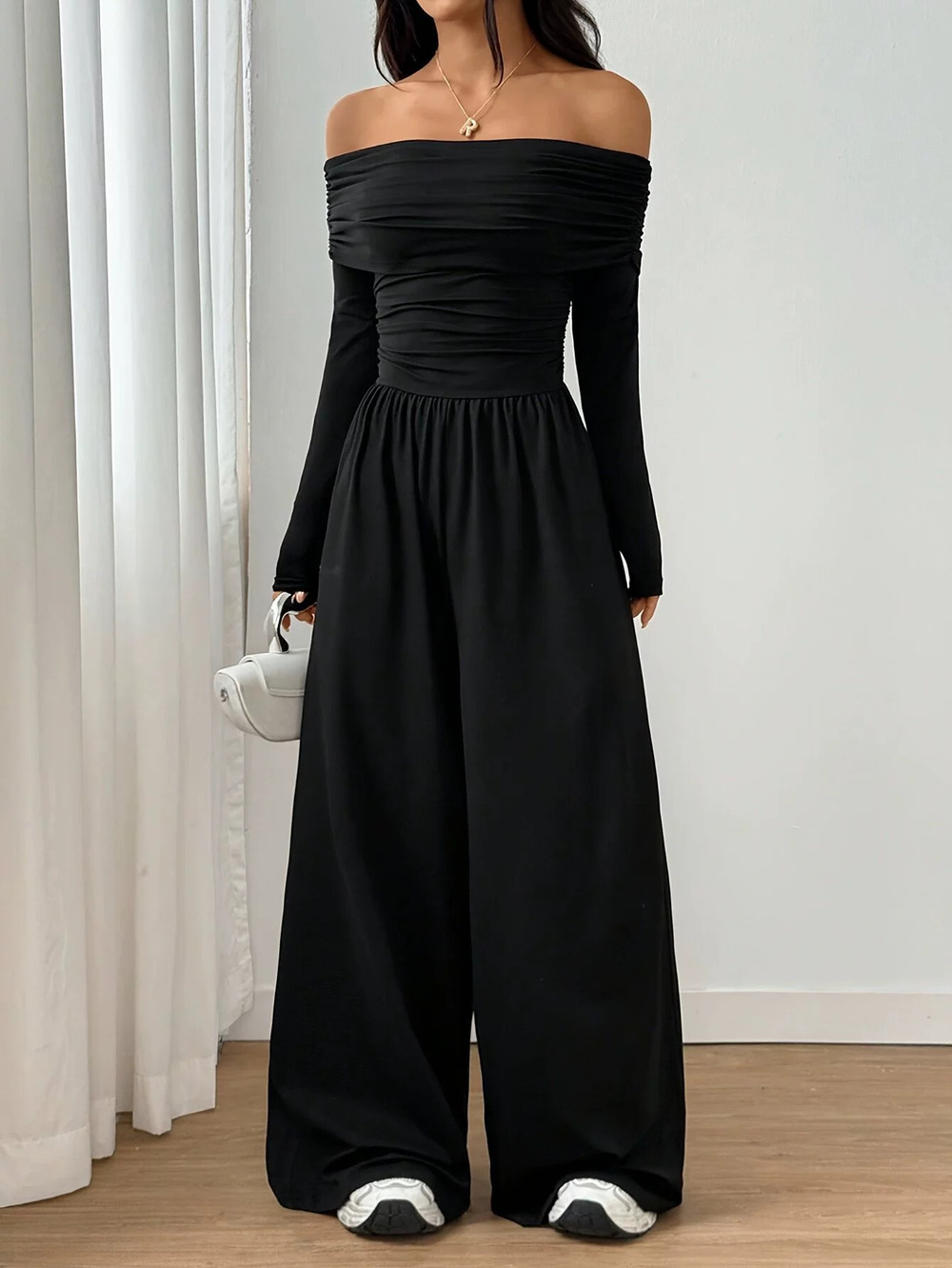 ZARA Womens Black Off Shoulder Long Sleeve Pleated High Waist Wide Leg Jumpsuit
